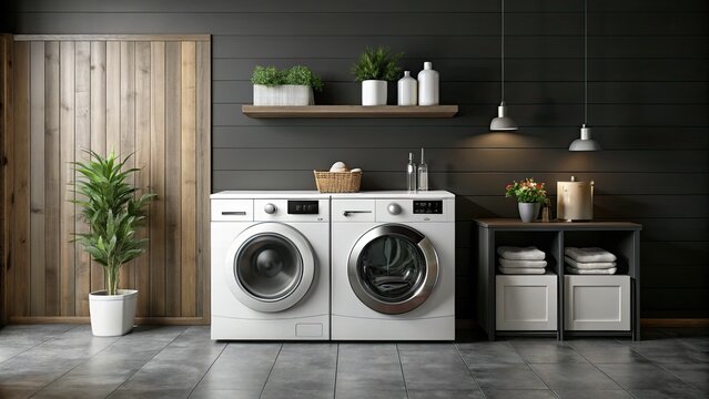 Minimalist Scandinavian washer dryer combo sleek modern design monochromatic white clean lines stark contrast dramatic black background dramatic Moody rustic ambient