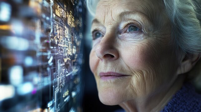 an Elderly, Healthy, and Slender Woman with Her Face Reflected in a Transparent Digital Screen Showing City Maps, Highlighting Her Refined Appearance and Interaction with Modern Technology Interface