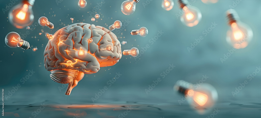 Fototapete a glowing brain with light bulbs floating around, each symbolizing a new idea, vibrant and dynamic. 