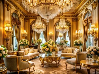 luxurious opulent gold accents lavish flower arrangements grand crystal chandeliers ornate mirrors elegant draping silk fabrics soft romantic lighting