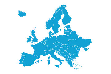 Cartoon pictures of Europe map on white background. All countries of the Europe in Modern colors. Can use for printing, website, presentation element, textile. Vector illustration.
