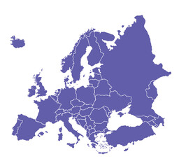 Cartoon pictures of Europe map on white background. All countries of the Europe in Modern colors. Can use for printing, website, presentation element, textile. Vector illustration.