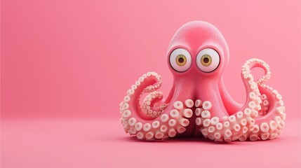 Fototapeta premium Pink octopus figurine with big eyes on matching pink background.