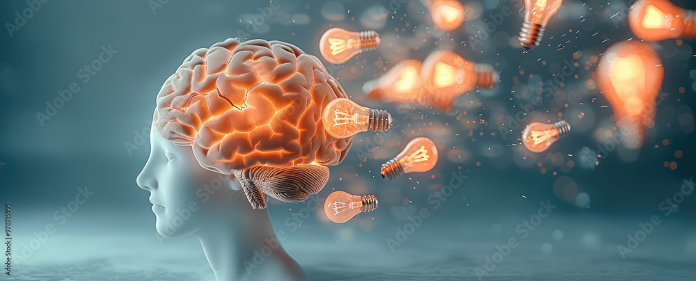 Poster A glowing brain with light bulbs floating around, each symbolizing a new idea, vibrant and dynamic. Generative AI.