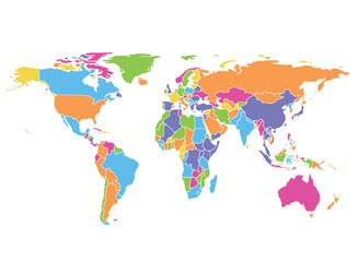 Obraz premium Cartoon pictures of world map on white background. All countries of the world in different colors. Can use for printing, website, presentation element, textile. Vector illustration.