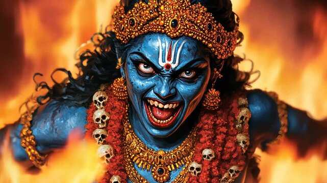 Fierce depiction of Goddess Kali surrounded by flames, symbolizing power and transformation relevant for Diwali and Navratri celebrations