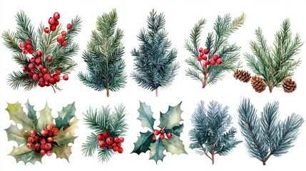 Festive Holiday Pine Branches with Berries Generative AI