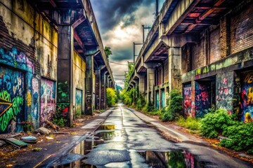 Fototapeta premium forgotten washington road decaying urban decay graffiti concrete jungle urban exploration gritty texture high contrast monochrome