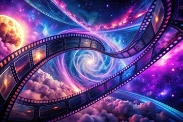 Naklejka premium whimsical filmstrip collage lit neon lights swirling vortex night sky vibrant purple hues nostalgic retrofuturism