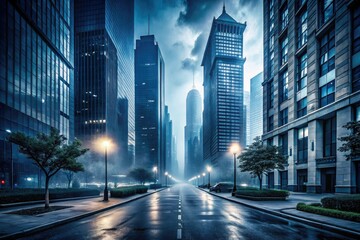 Fototapeta premium Dramatic, foggy cityscape with towering skyscrapers, empty streets, and eerie sidewalks, conveying mystery, isolation, and futuristic ambiance in cool, dark tones.