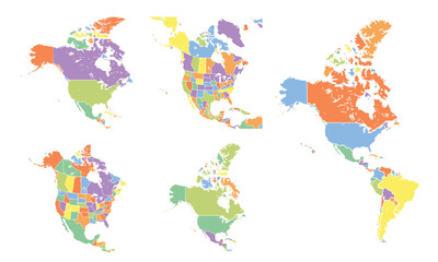 Cartoon pictures of America map on white background. All countries of the America in different colors. Can use for printing, website, presentation element, textile. Vector illustration.
