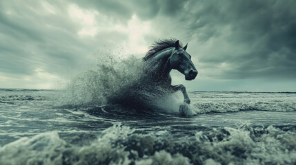 Fototapeta premium Powerful horse gallops through the ocean waves under a stormy sky, creating a dramatic and energetic scene with splashing water and movement.