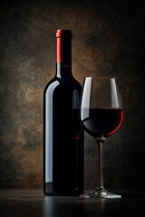 Red wine bottle and the glass on dark moody background. Mockup with blank label. Generative Ai