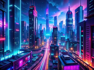 Naklejka premium futuristic neon glowing dimmed LED strip cityscape nightlife vibrant colors moody urban atmosphere high-tech cyberpunk mystery