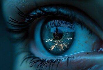 Reflection of night light city in male eyes