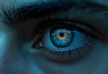 Reflection of night light city in male eyes