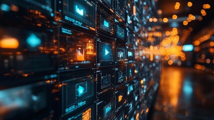 Digital Data Wall with Illuminated Screens Generative AI