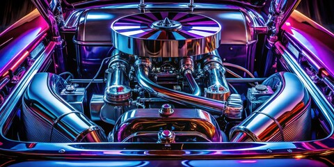 sleek metallic modernity engine compartment reflection chrome pipes illuminated moody neon colors high contrast shadows