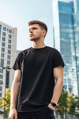 Mockup of Man Wearing Black Sleeveless Shirt with Sleek Modern Design Against Bokeh City Background in Daylight Highlighting Fabric Quality and Urban Vibrancy