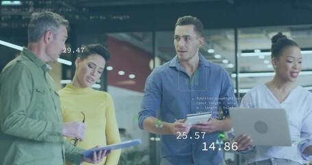 Animation of ecology icons and data processing over diverse colleagues discussing work in office - Powered by Adobe