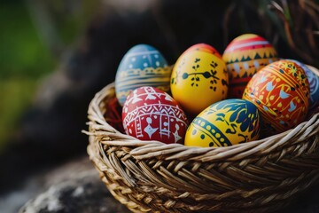 Fototapeta premium Vibrant easter eggs resting in a handcrafted wicker basket