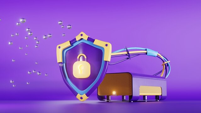 This vibrant and engaging digital illustration effectively showcases a shield emblazoned with a lock, symbolizing essential key themes related to cybersecurity and data protection
