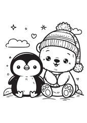 Naklejka premium Penguin and bear kid coloring page design 