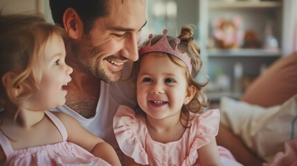 Fototapeta premium Young cheerful father wearing princess tiara while playing with his two small daughters. Parent and two little girls wearing pink clothes at home