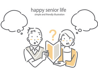 新しいことを始めようかと考えるシニア夫婦　シンプルでお洒落な線画イラスト