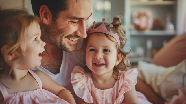 Young cheerful father wearing princess tiara while playing with his two small daughters. Parent and two little girls wearing pink clothes at home