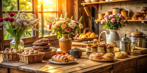 Warm golden light softly illuminates artisanal pastries on rustic wooden counter surrounded by vintage baking utensils and fresh flowers in a cozy French bakery atmosphere