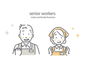お店で元気に働くシニア夫婦　シンプルでお洒落な線画イラスト