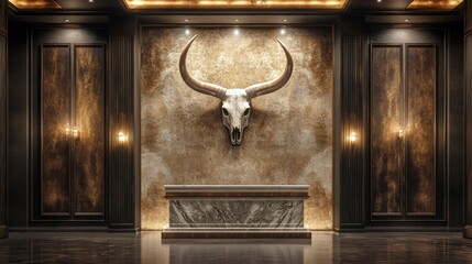 Ornate Texan longhorn skull with intricate patterns in a dark, atmospheric setting depicting western artistry and rustic decor