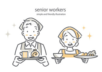 飲食店で元気に働くシニア夫婦　シンプルでお洒落な線画イラスト