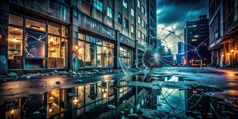 Fototapeta premium moody nighttime shattered glass reflections urban decay