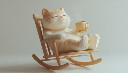 3d, cute chubby furry cat, satisfied expression, one eye open, other closed, lying in rocking chair, drinking hot tea