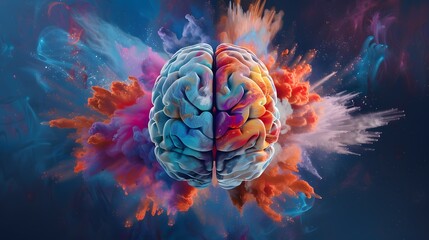 Brain hemisphere split showcasing the balance between analytical and creative processes using scientific formulas and vibrant abstract art