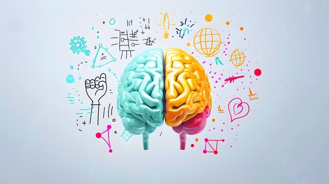 Conceptual image showing the duality of the brain with one side dedicated to mathematical equations and the other to abstract, colorful creativity - Powered by Adobe