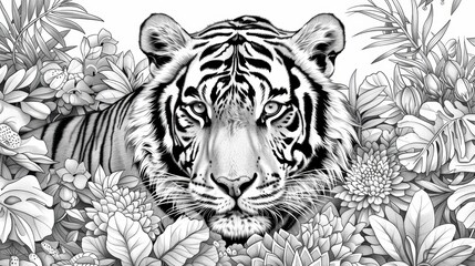Obraz premium Embark on a coloring adventure with this intricate page featuring a majestic tiger surrounded by exotic flowers and foliage. The detailed patterns and textures offer hours of coloring fun and