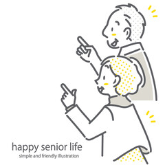 未来を見つめるポジティブなシニア夫婦　シンプルでお洒落な線画イラスト
