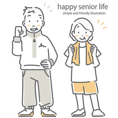 健康なシニア夫婦　シンプルでお洒落な線画イラスト