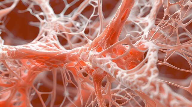 An enlarged view of fibrous ligament tissue, densely packed fibers