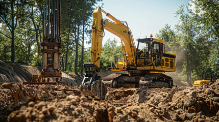 A yellow construction machine is digging in the dirt