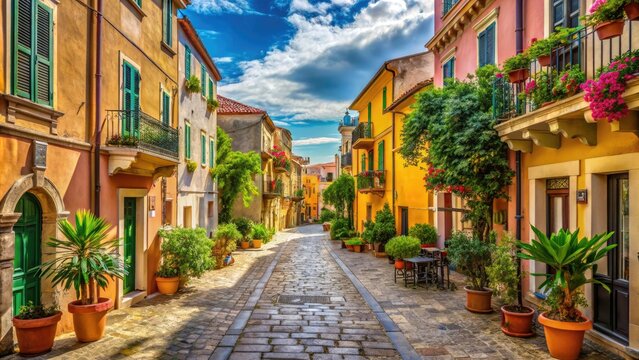 Fototapeta Vibrant summer afternoon sun-kissed Olbian streets colorful buildings pastel hues narrow alleys ancient architecture lively atmosphere warm shadows rich textures
