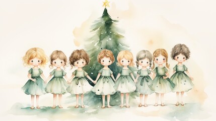 A group of girls in green dresses holding hands in front of a decorated Christmas tree