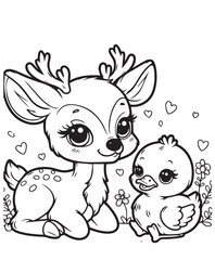 kid coloring page deer and duck 