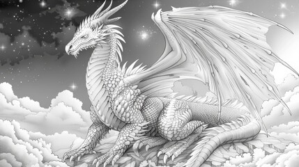 An enchanting dragon spreads its wings across this coloring book page, surrounded by clouds and stars, offering a magical scene for coloring enthusiasts.