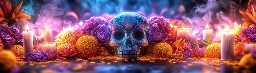 Fototapeta premium A vibrant altar scene featuring a decorative skull surrounded by colorful flowers and candles, evoking a mystical atmosphere.