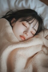 Obraz premium Close-up top-side view of Asian woman sleeping peacefully with blanket covering her, soft bokeh background, serene and tranquil moment