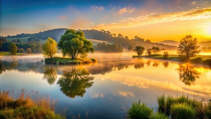 Fototapeta premium lakeway serene morning tranquility peaceful lakeside scenes soft misty atmosphere warm golden hour gentle hill country landscapes idyllic settings